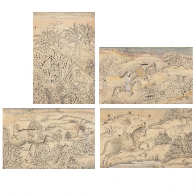four-indian-miniature-paintings-of-hunt-scenes