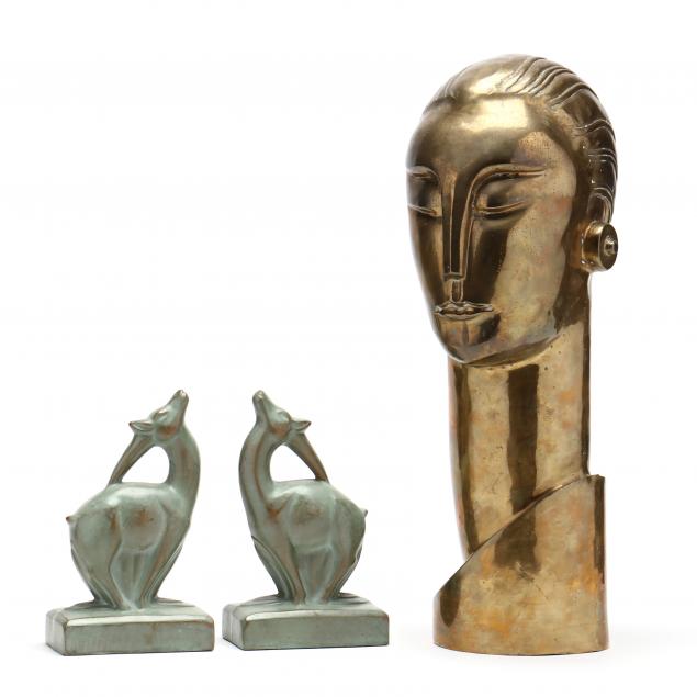 art-deco-style-brass-bust-and-pair-of-bookends
