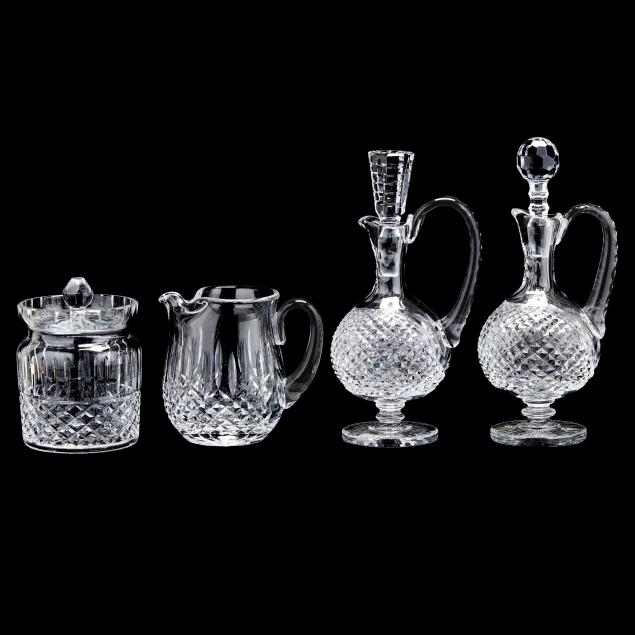 waterford-pair-of-crystal-decanters-biscuit-jar-and-pitcher
