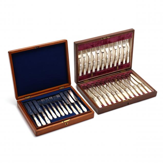 two-cased-sets-of-victorian-mother-of-pearl-handled-silverplate-flatware
