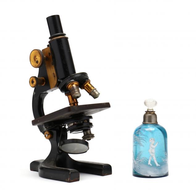 cased-vintage-spencer-microscope-and-mary-gregory-scent-bottle