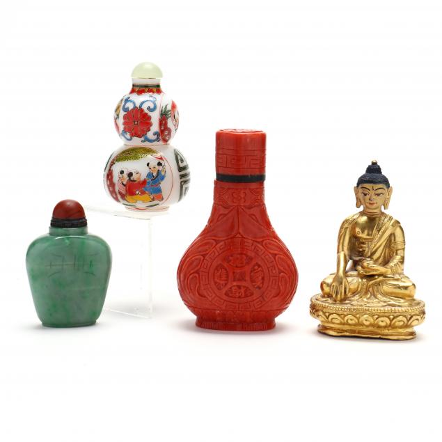 three-chinese-snuff-bottles-and-a-gilt-bronze-buddha
