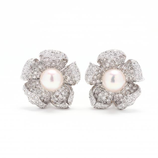 white-gold-pearl-and-diamond-flower-motif-earrings