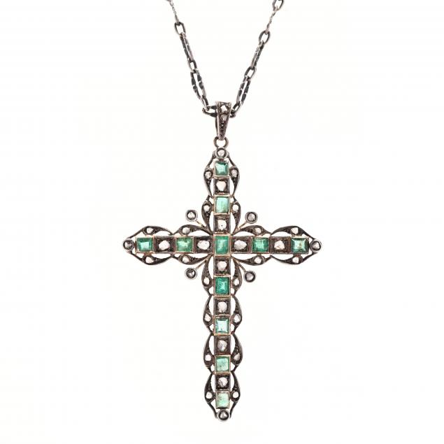 antique-emerald-and-diamond-cross-pendant-necklace
