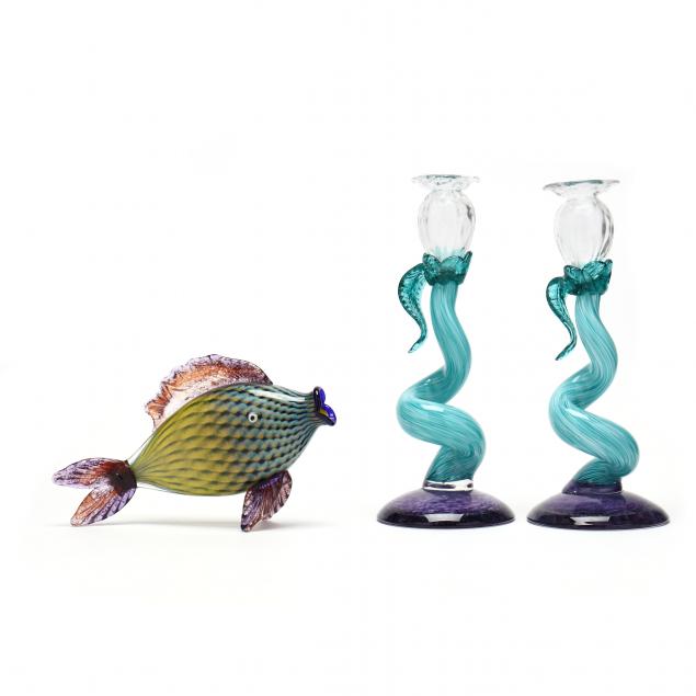 pair-of-art-glass-candlesticks-and-fish-signed