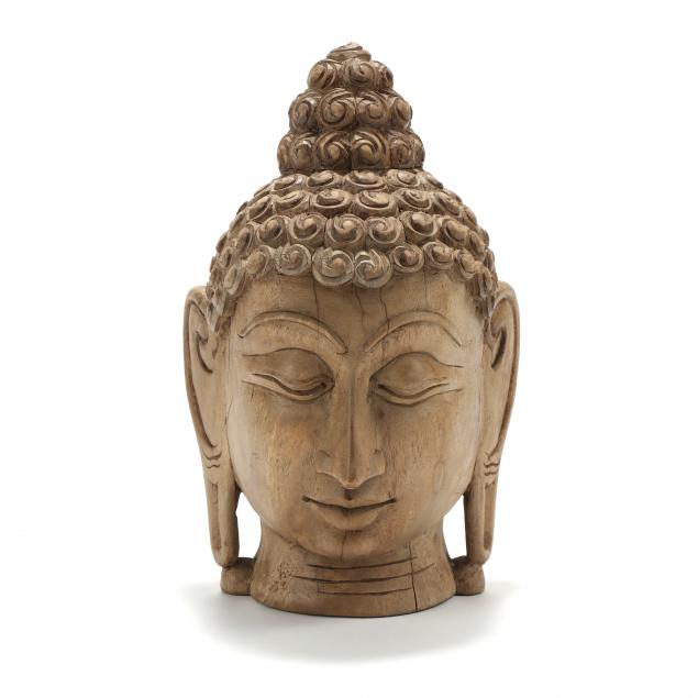 a-large-thai-carved-wooden-head-of-buddha