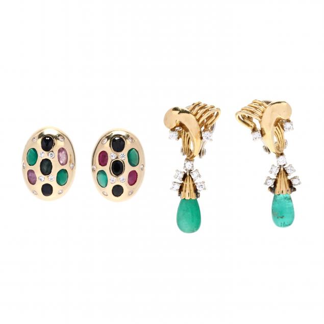 two-pairs-of-gold-and-gem-set-earrings