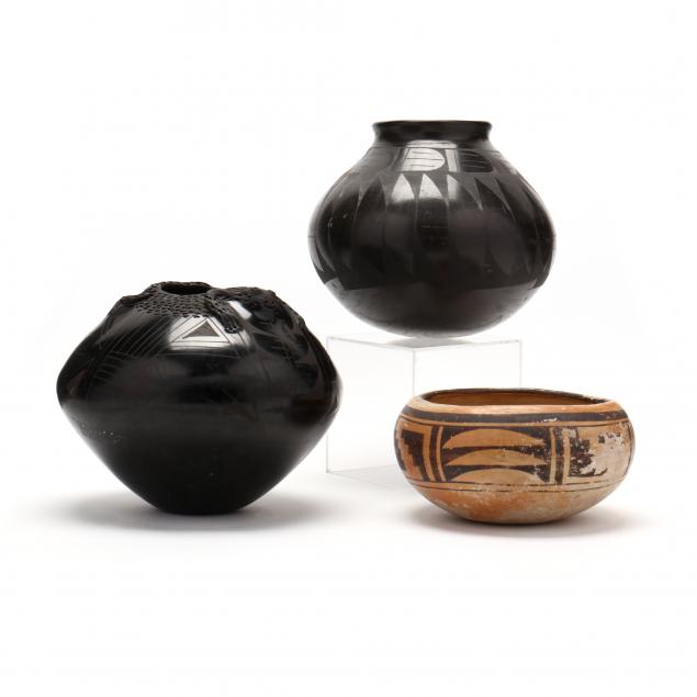 two-native-american-blackware-vessels-and-a-southwestern-low-bowl