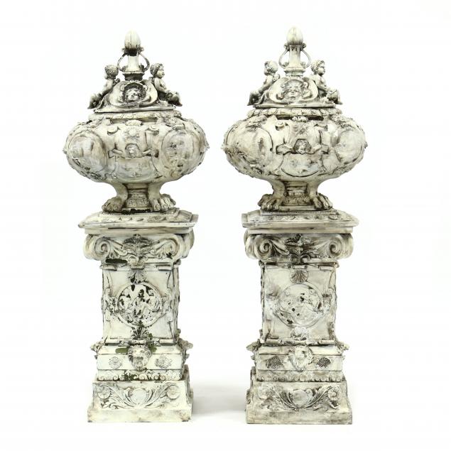 an-impressive-pair-of-lidded-bronze-urns-on-stands