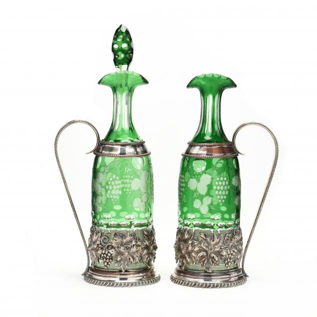 pair-of-continental-green-to-clear-cut-crystal-and-silverplate-decanters