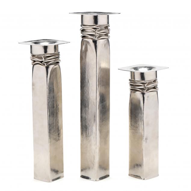 american-craft-set-of-three-graduated-crushed-metal-candleholders