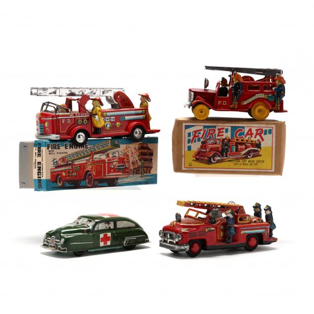 three-vintage-tin-litho-fire-vehicles-and-an-ambulance