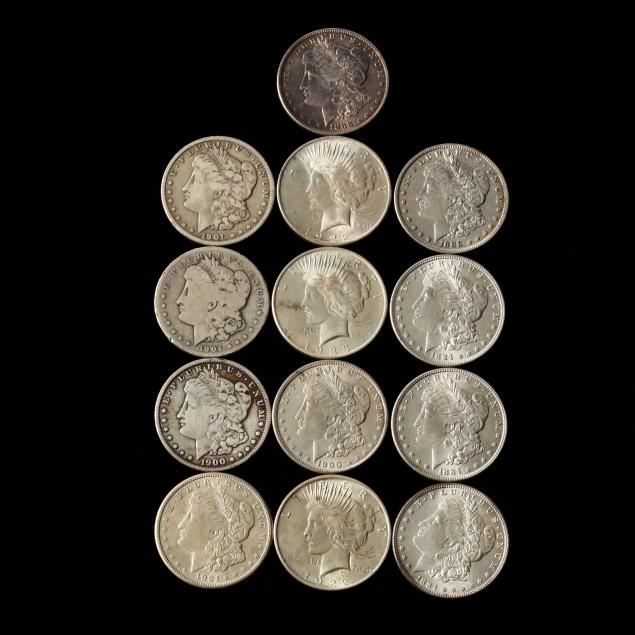 thirteen-13-mixed-grade-morgan-and-peace-silver-dollars