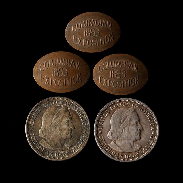 two-columbian-exposition-halves-and-three-elongated-indian-cents