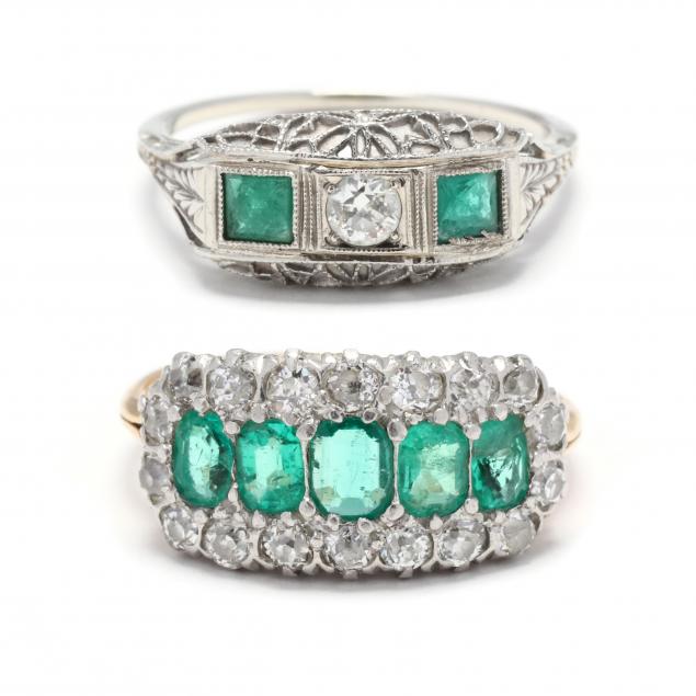 two-vintage-emerald-and-diamond-rings