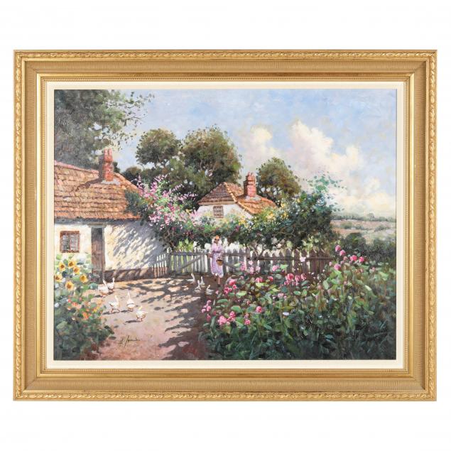 a-contemporary-painting-of-an-english-cottage-garden-with-ducks