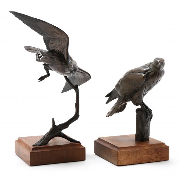 chester-comstock-american-20th-21st-century-two-bronze-birds-of-prey-sculptures