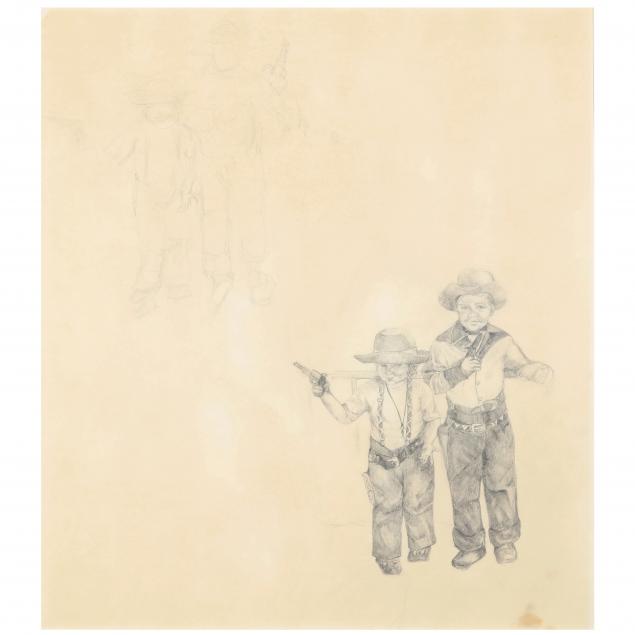 vintage-graphite-study-of-children-dressed-as-a-cowboy-and-cowgirl