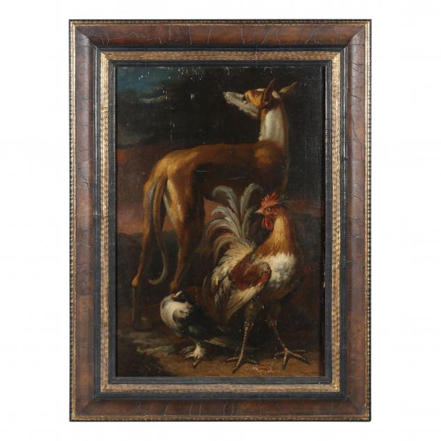manner-of-marmaduke-cradock-english-1660-1716-greyhound-cock-pigeon-in-a-landscape
