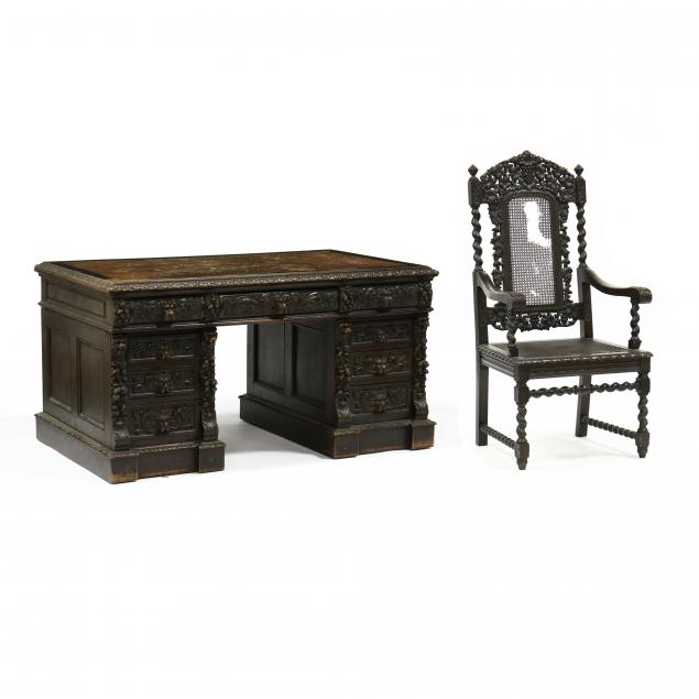 renaissance-revival-carved-oak-desk-and-chair