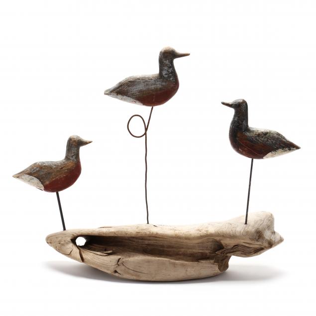 ammi-hamilton-nc-1892-1955-published-beach-robin-trio-mounted-on-driftwood