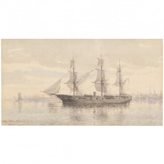 j-whelden-holmes-american-1828-1901-maritime-scene-with-ship-and-skyline
