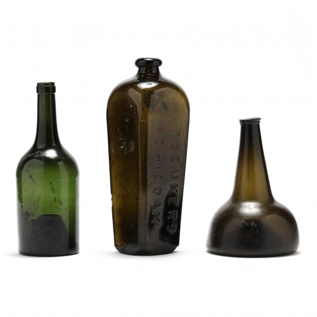 three-antique-green-glass-bottles