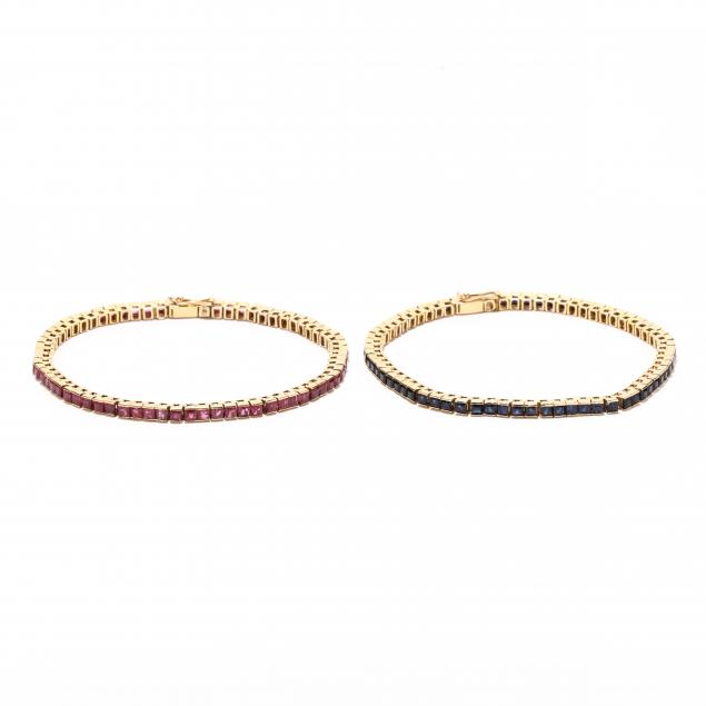 two-gold-and-gem-set-line-bracelets