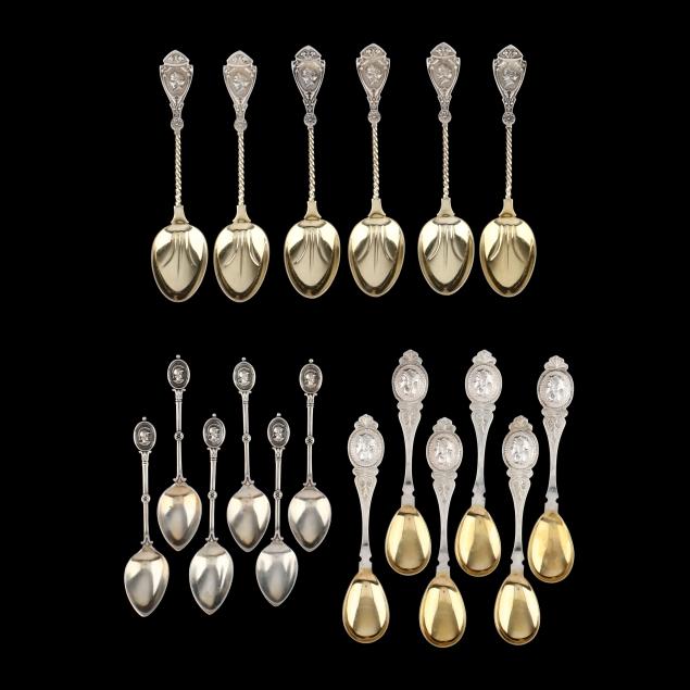 three-sets-of-american-sterling-silver-and-coin-silver-medallion-pattern-spoons