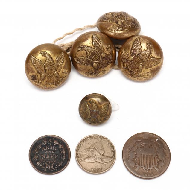 three-civil-war-era-coins-and-five-non-dug-federal-general-service-buttons