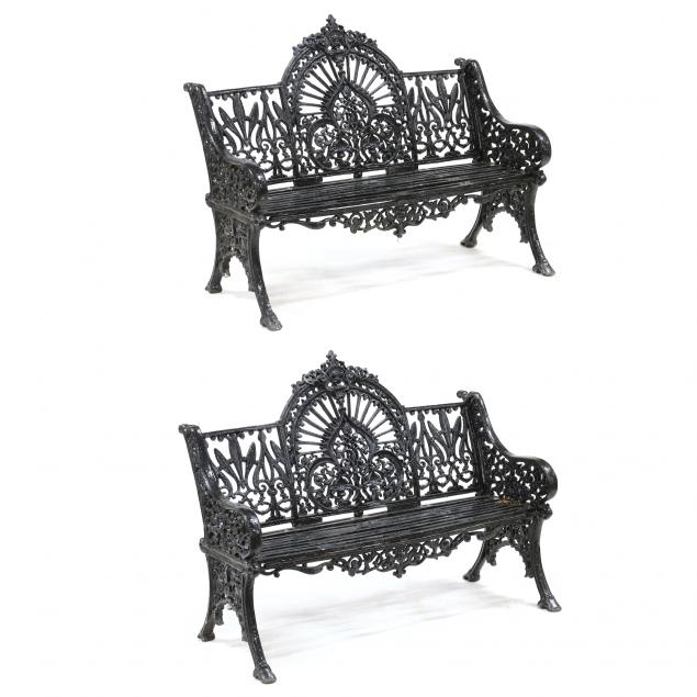 attributed-to-coalbrookdale-pair-of-peacock-painted-iron-garden-benches