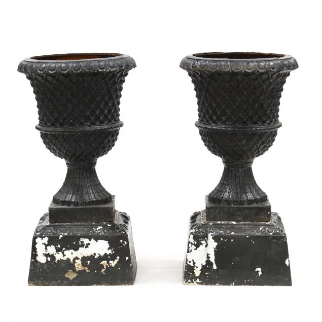 pair-of-vintage-cast-iron-classical-style-garden-urns-on-stands