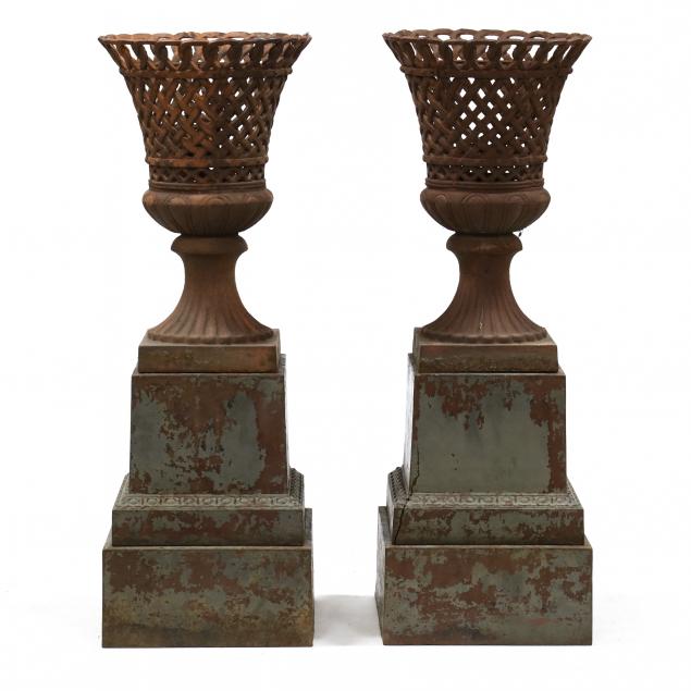 pair-of-classical-style-cast-iron-basketweave-garden-urns