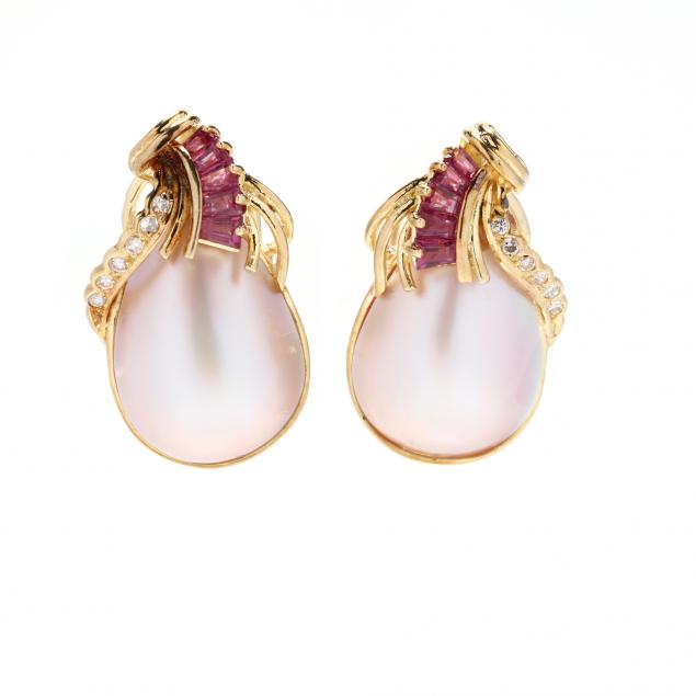 pair-of-gold-mabe-pearl-ruby-and-diamond-earrings