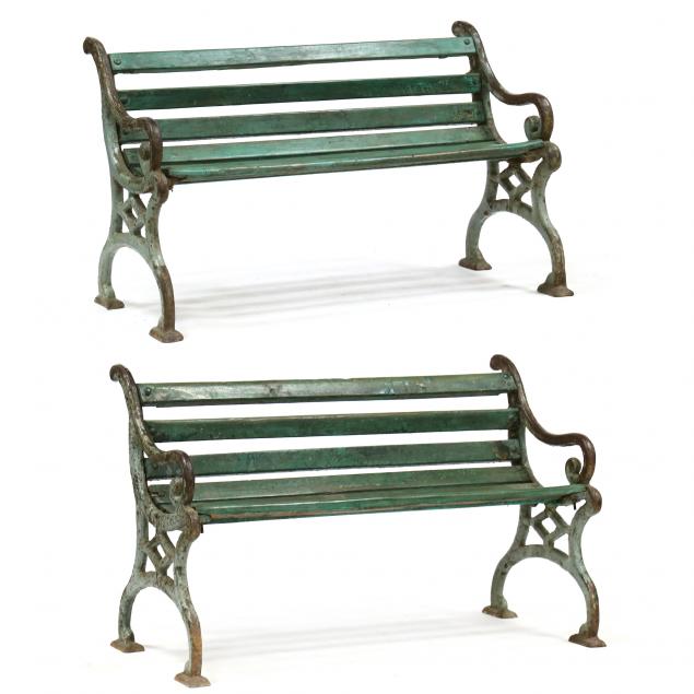 pair-of-antique-iron-and-teak-painted-garden-benches