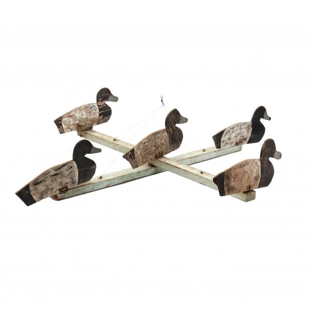 eldon-willis-nc-1980-1981-hanging-rig-of-five-bluebill-silhouette-decoys