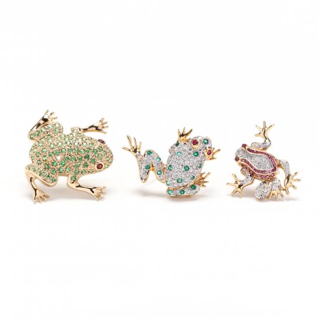 three-gold-and-gem-set-frog-brooches