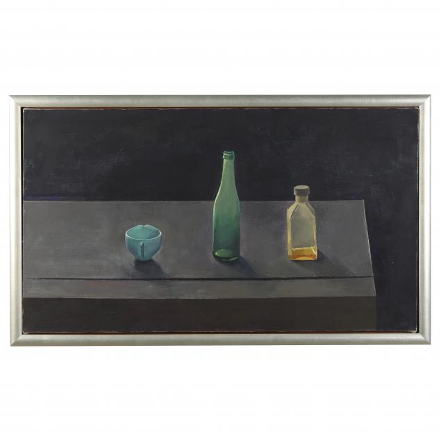 robert-stuart-american-i-still-life-blue-cup-with-green-and-gold-bottles-i