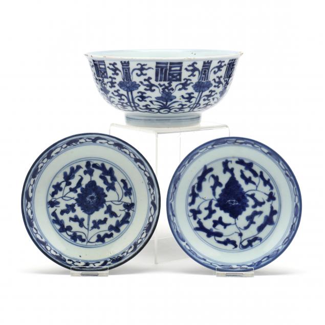 a-chinese-porcelain-blue-and-white-bowl-and-two-plates