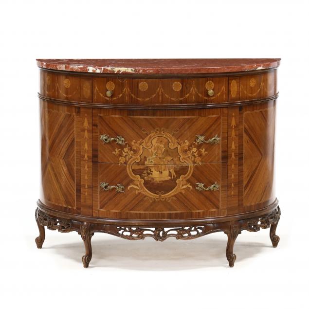 french-marquetry-inlaid-marble-top-demilune-commode