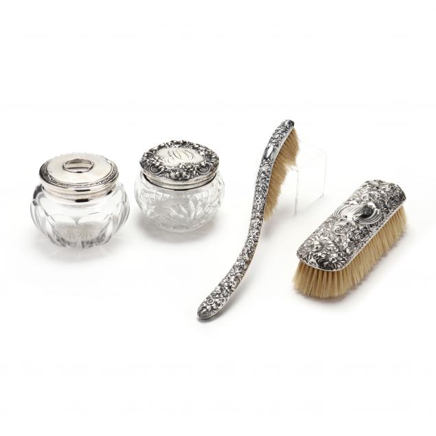 a-grouping-of-sterling-silver-and-glass-vanity-items