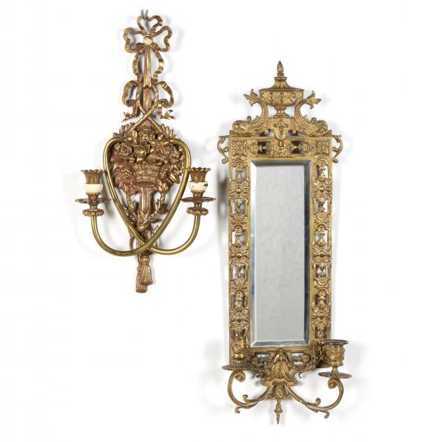 two-antique-double-light-brass-wall-sconces