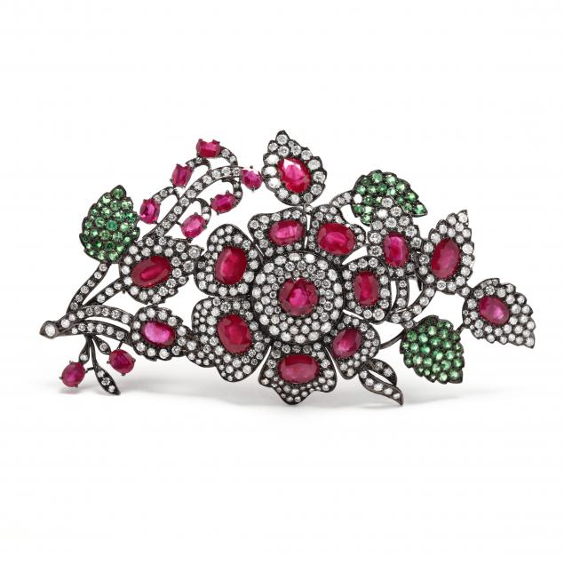 ruby-tsavorite-and-diamond-floral-spray-clip-brooch
