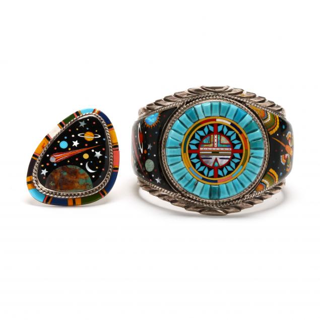 southwestern-silver-inlaid-and-enamel-cuff-bracelet-and-ring