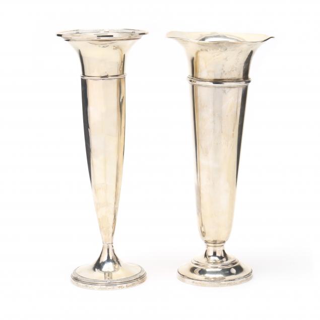 two-american-sterling-silver-tall-trumpet-vases