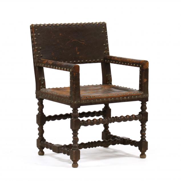 william-and-mary-style-oak-and-leather-armchair