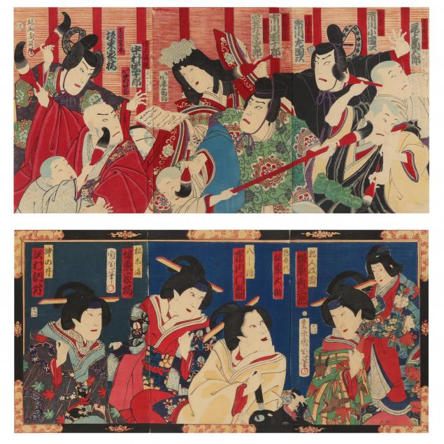 two-meiji-period-japanese-triptychs-of-actors