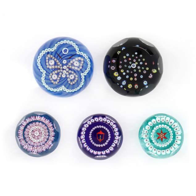 five-signed-millefiori-art-glass-paperweights