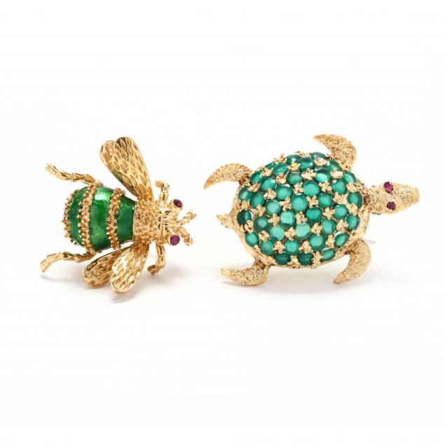 two-gold-and-gem-set-whimsical-brooches