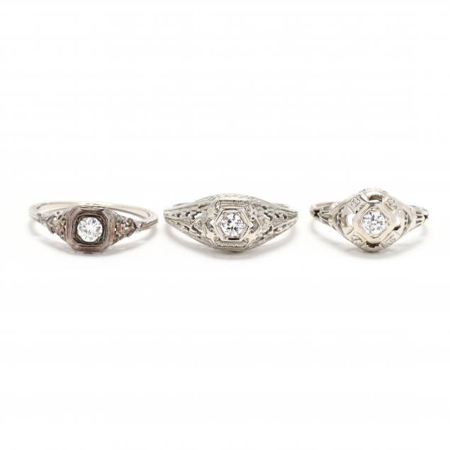 three-vintage-white-gold-and-diamond-rings